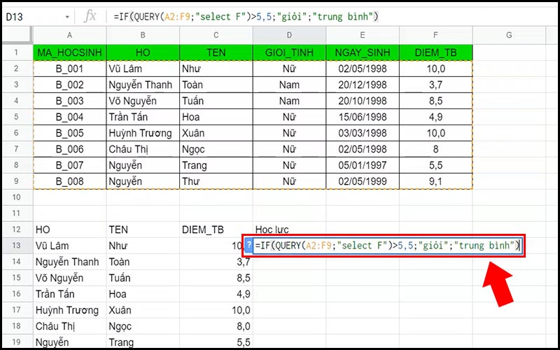 Hàm IF kết hợp với hàm QUERY